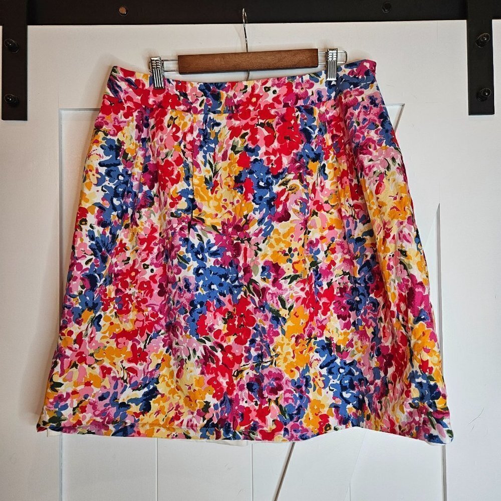 PRESTON & York Size 16 A-Line‎ Colorful Cotton Floral Knee Length Side Zip Skirt